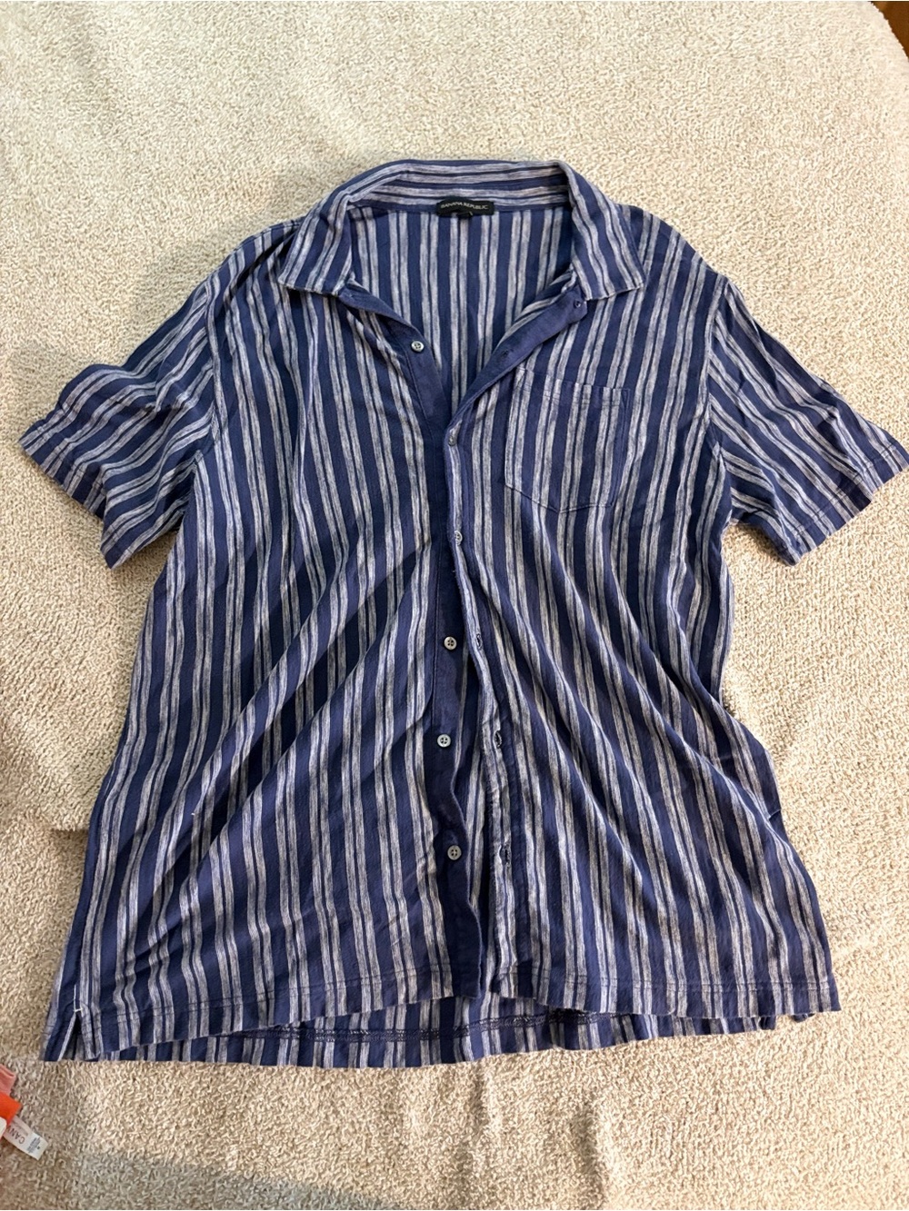 Banana Republic Blue and White Vertical Stripe Short-Sleeve Button-Down Shirt